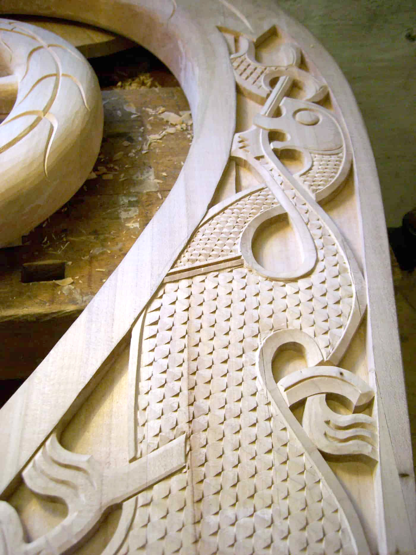 Viking carving reconstruction of Oseberg ship's bow